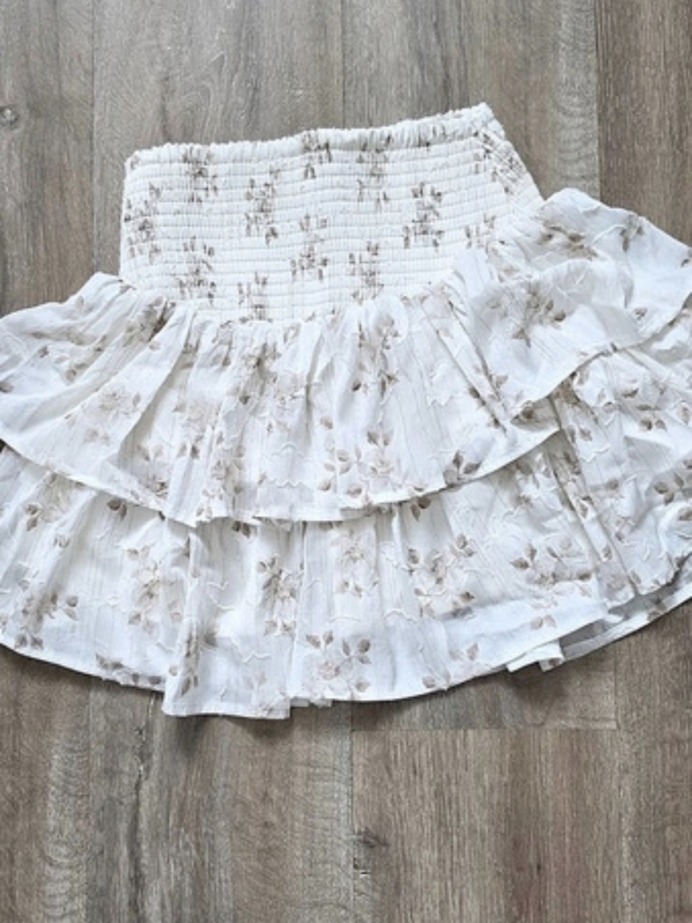 Altar'd State Floral Ruffled Mini Skirt in White & Brown Like New